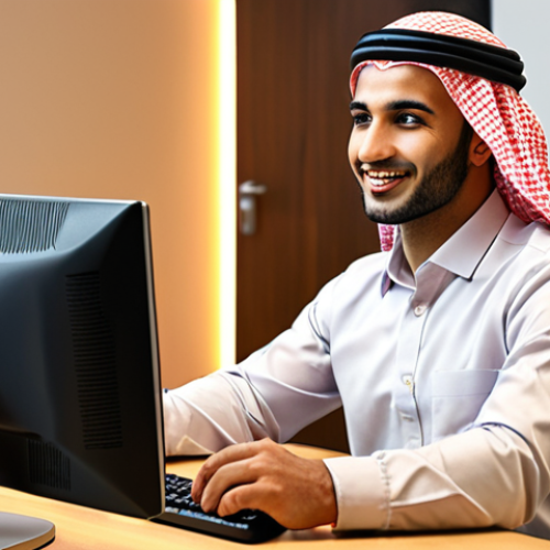 Home 22 **
Prompt: *Friendly Arab customer service representative attentively listening to a customer on the phone in a modern office setting. Focus on empathy and active listening. Warm lighting, diverse team in the background. CRM dashboard subtly visible. Authentic Arabic clothing and accessories.*
**