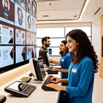**A modern customer service center in a vibrant, bustling Middle Eastern city.  Diverse team of friendly agents assisting customers via phone, chat, and in-person.  Emphasis on technology: AI chatbots displayed on screens, data visualizations showing customer journey analysis.  Warm, inviting atmosphere.  Style: Clean, modern, slightly futuristic.**