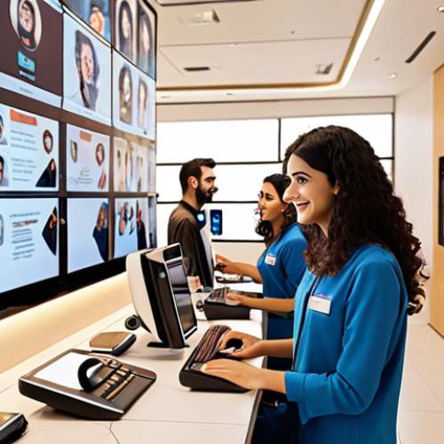 Home 21 **A modern customer service center in a vibrant, bustling Middle Eastern city. Diverse team of friendly agents assisting customers via phone, chat, and in-person. Emphasis on technology: AI chatbots displayed on screens, data visualizations showing customer journey analysis. Warm, inviting atmosphere. Style: Clean, modern, slightly futuristic.**