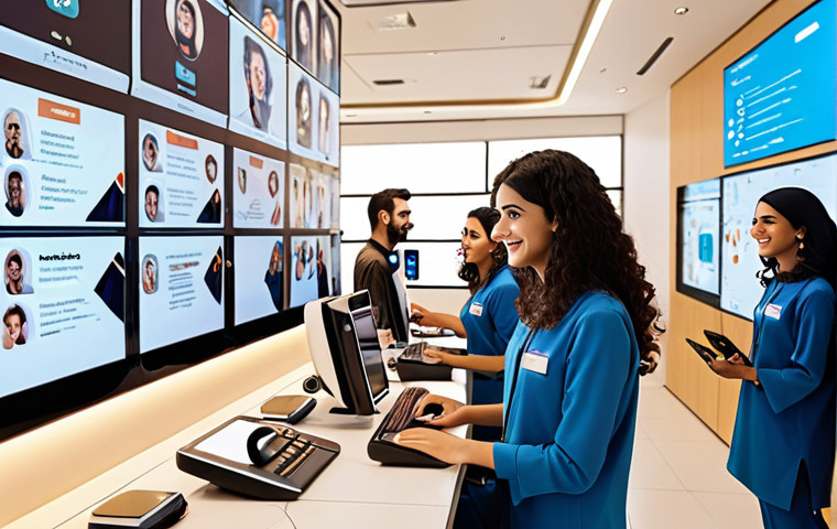 **A modern customer service center in a vibrant, bustling Middle Eastern city.  Diverse team of friendly agents assisting customers via phone, chat, and in-person.  Emphasis on technology: AI chatbots displayed on screens, data visualizations showing customer journey analysis.  Warm, inviting atmosphere.  Style: Clean, modern, slightly futuristic.**