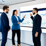 A diverse team of professional data analysts and customer experience specialists, fully clothed in modest business attire, collaborating in a futuristic, clean office environment. They are gathered around a large interactive screen displaying complex data visualizations of customer behavior and sentiment analysis, with one specialist pointing to a key trend. The setting is a modern, brightly lit technology hub with sleek furniture and subtle digital elements. Professional photography, high resolution, soft studio lighting, ultra-detailed, perfect anatomy, correct proportions, natural pose, well-formed hands, proper finger count, natural body proportions, safe for work, appropriate content, fully clothed, professional.