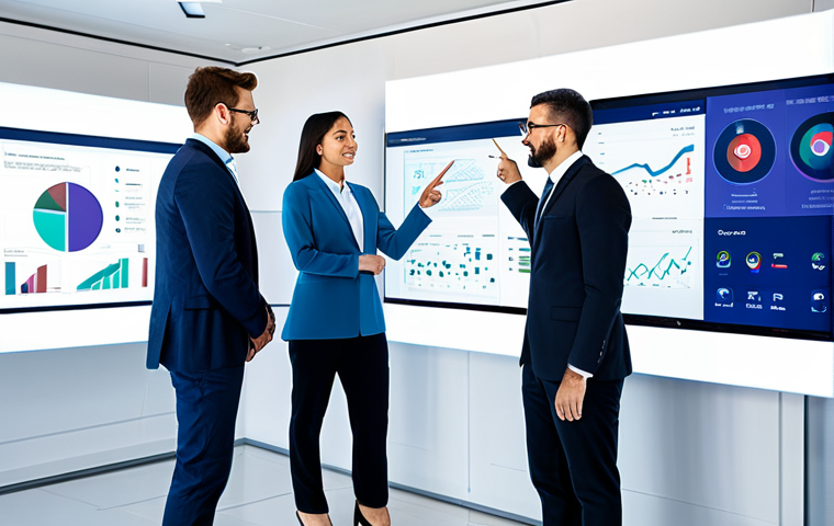 A diverse team of professional data analysts and customer experience specialists, fully clothed in modest business attire, collaborating in a futuristic, clean office environment. They are gathered around a large interactive screen displaying complex data visualizations of customer behavior and sentiment analysis, with one specialist pointing to a key trend. The setting is a modern, brightly lit technology hub with sleek furniture and subtle digital elements. Professional photography, high resolution, soft studio lighting, ultra-detailed, perfect anatomy, correct proportions, natural pose, well-formed hands, proper finger count, natural body proportions, safe for work, appropriate content, fully clothed, professional.
