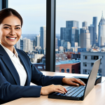 **

A professional businesswoman in a modest business suit, sitting at a desk in a modern office. She is smiling confidently while reviewing data on a computer screen. Background shows a bustling city skyline. Fully clothed, appropriate attire, safe for work, perfect anatomy, natural proportions, professional photography, high quality, family-friendly.

**