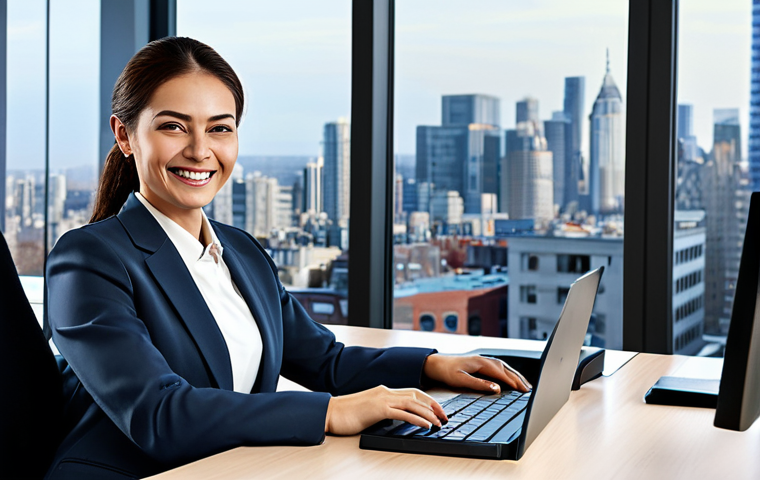 **

A professional businesswoman in a modest business suit, sitting at a desk in a modern office. She is smiling confidently while reviewing data on a computer screen. Background shows a bustling city skyline. Fully clothed, appropriate attire, safe for work, perfect anatomy, natural proportions, professional photography, high quality, family-friendly.

**