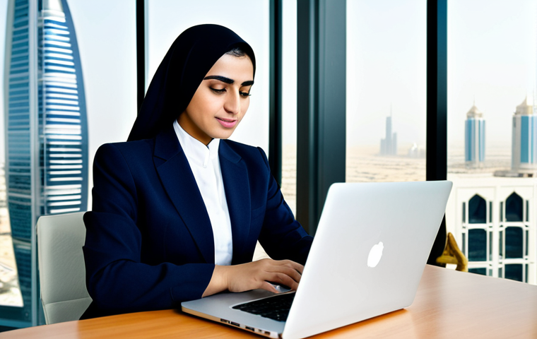 서비스관리사 자격 취득 방법 - **Prompt:** A professional Arab businesswoman in a modest, tailored business suit, working on a lapt...