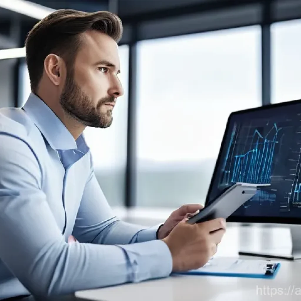 서비스관리사 실기시험 문제 유형 - A highly professional male service manager, in his late 30s, is seated at a minimalist, ergonomic de...