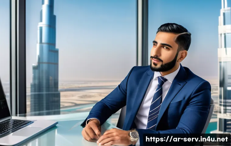 서비스관리사 해외 취업 가능성 - A professional Middle Eastern man in business attire working in a modern international office enviro...