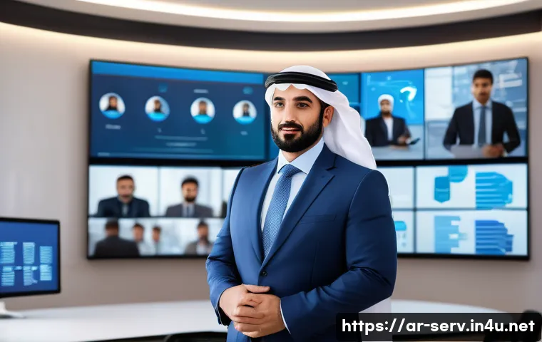 서비스관리사와 최신 기술 활용 트렌드 - A professional Middle Eastern business leader in a modern digital office environment, wearing formal...