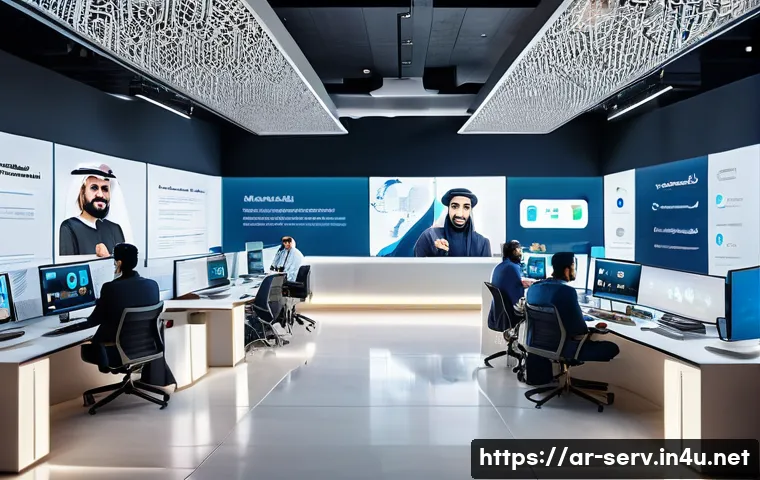 서비스관리사와 서비스 산업 직무 변화 - A modern Middle Eastern customer service center featuring diverse Arab professionals using advanced ...