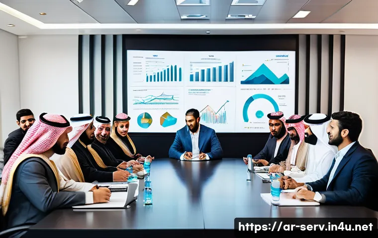 서비스관리사 경력 개발 로드맵 - A professional Middle Eastern office environment featuring a diverse group of Arab business people e...