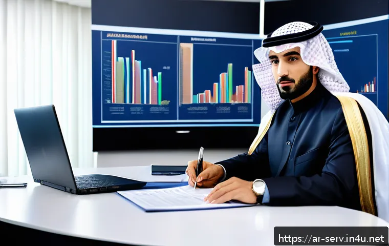 서비스관리사와 연봉 협상 사례 - A professional Middle Eastern man in formal business attire sitting confidently at a modern office d...