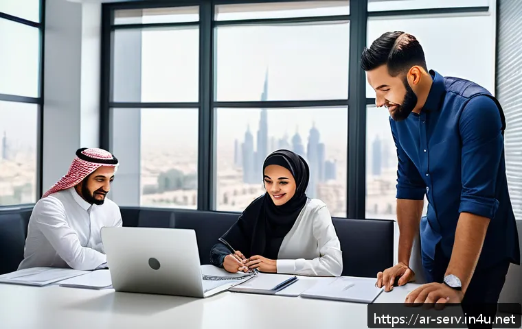 서비스관리사와 서비스 개선 아이디어 - A diverse professional team in a modern Middle Eastern office environment, engaged in an active brai...