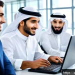 서비스관리사와 이직 성공 전략 - A professional Middle Eastern office scene depicting a diverse team engaged in active communication ...