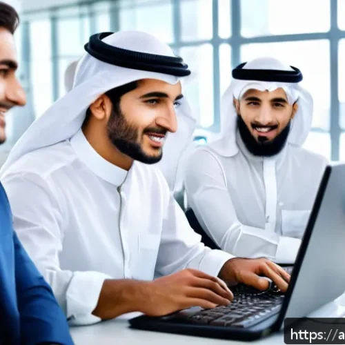 서비스관리사와 이직 성공 전략 - A professional Middle Eastern office scene depicting a diverse team engaged in active communication ...
