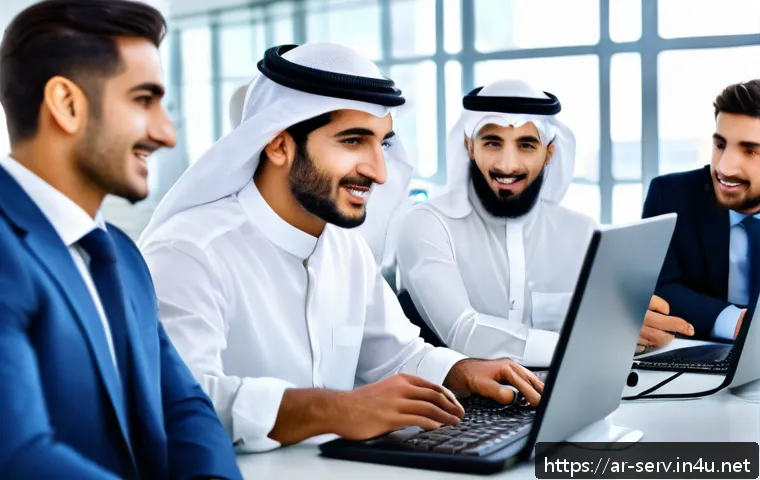 서비스관리사와 이직 성공 전략 - A professional Middle Eastern office scene depicting a diverse team engaged in active communication ...