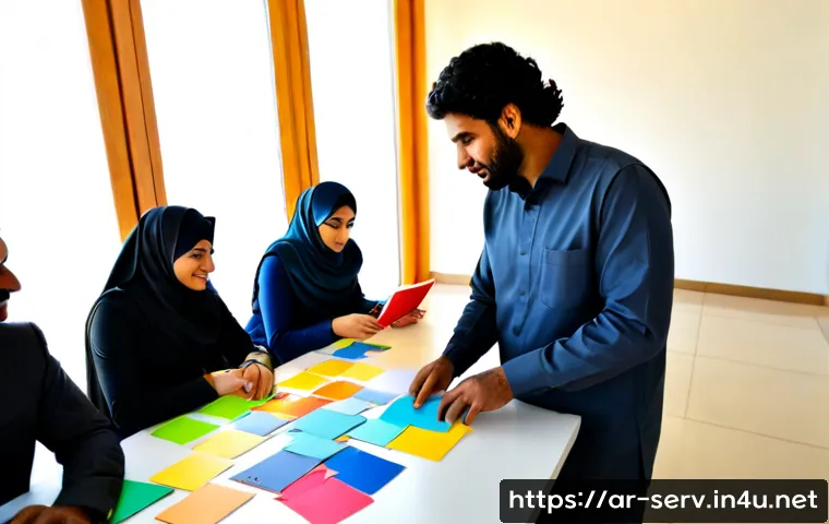 Home 17 서비스관리사와 워크숍 기획 - Photorealistic modern workshop planning meeting in a bright Gulf-region office, an Arab service mana...